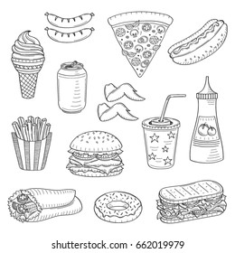 Vector set of fast food hand drawn illustration, with burger, hot dog, pizza, sandwiches, hamburger, soda cup, ice cream, French fries, soda can, donut, coffee cup, ketchup, isolated on white.