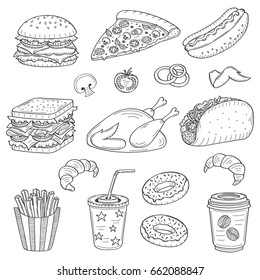 Vector set of fast food hand drawn illustration, with burger, pizza, hot dog, chicken, sandwich, hamburger, soda cup, donut, coffee cup, taco, French fries, croissant, isolated on white 