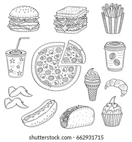 Vector set of fast food hand drawn illustration, with burger, hot dog, pizza, sandwich, hamburger, soda cup, ice cream, French fries, coffee cup, taco, cupcake, croissant, isolated on white.
