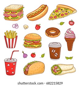 Vector set of fast food hand drawn illustration, with burger, hot dog, sandwich, hamburger, wrap sandwich, soda cup, ice cream, pizza, French fries, donut, coffee cup, taco isolated on white.