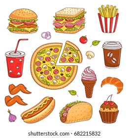 Vector set of fast food hand drawn illustration, with burger, hot dog, pizza, sandwich, hamburger, soda cup, ice cream, French fries, coffee cup, taco, cupcake, croissant, isolated on white.
