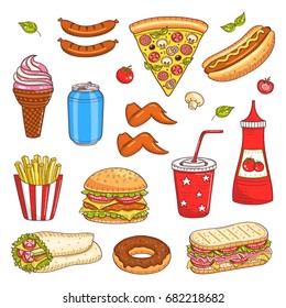 Vector Set Of Fast Food Hand Drawn Illustration, With Burger, Hot Dog, Pizza, Sandwiches, Hamburger, Soda Cup, Ice Cream, French Fries, Soda Can, Donut, Coffee Cup, Ketchup, Isolated On White.