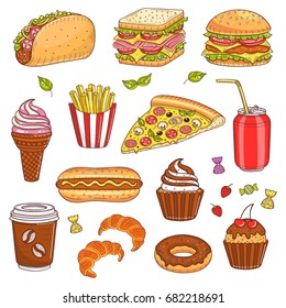 Vector set of fast food hand drawn illustration, with burger, hot dog, sandwich, hamburger, soda can, pizza, French fries, ice cream, donut, coffee cup, taco, cupcakes, croissant, isolated on white.