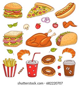 Vector set of fast food hand drawn illustration, with burger, pizza, hot dog, chicken, sandwich, hamburger, soda cup, donuts, coffee cup, taco, French fries, croissant, isolated on white 