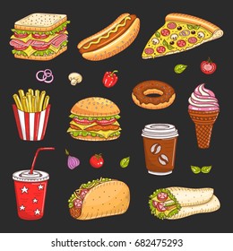 Vector set of fast food hand drawn illustration, with burger, hot dog, pizza, sandwich, hamburger, soda cup, ice cream, French fries, coffee cup, taco, cupcake, croissant, isolated on black.
