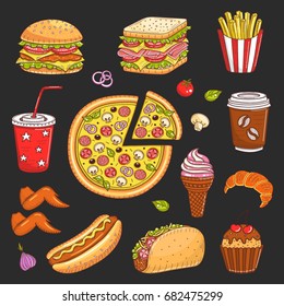 Vector Set Of Fast Food Hand Drawn Illustration, With Burger, Hot Dog, Pizza, Sandwich, Hamburger, Soda Cup, Ice Cream, French Fries, Coffee Cup, Taco, Cupcake, Croissant, Isolated On Black.
