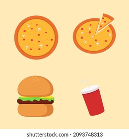 Vector set of fast food icons. pizza, burger, soda, drinks illustration. can be used for graphic element, sticker, icon, logo,  poster, object