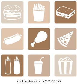 Vector Set of Fast Food Icons.  Fast Food. Junk Food. Hamburger, French Fries, Sandwich, Hot Dog, Chicken, Sauces, Beverage,  Popcorn.