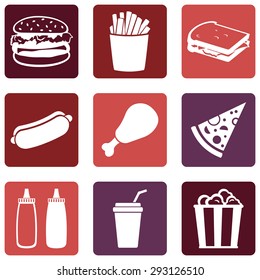 Vector Set of Fast Food Icons.  Fast Food. Junk Food. Hamburger, French Fries, Sandwich, Hot Dog, Chicken, Sauces, Beverage,  Popcorn.