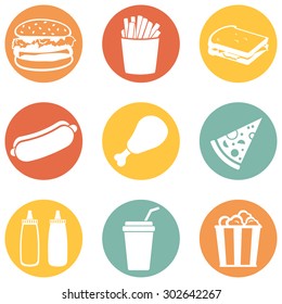 Vector Set of Fast Food Icons.  Fast Food. Junk Food. Hamburger, French Fries, Sandwich, Hot Dog, Chicken, Sauces, Beverage,  Popcorn.