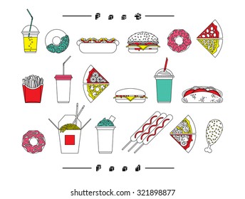 Vector set of fast food. Fast food icons. Fast food in lineal flat style. Junk food and drinks. Isolated vector fast food icons.