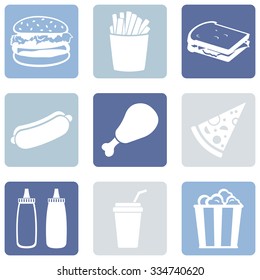 Vector Set of Fast Food Icons.  Fast Food. Junk Food. Hamburger, French Fries, Sandwich, Hot Dog, Chicken, Sauces, Beverage,  Popcorn.