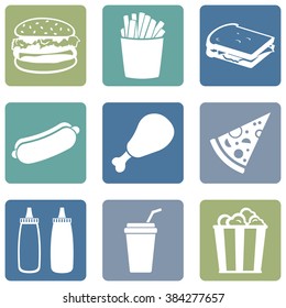 Vector Set of Fast Food Icons.  Fast Food. Junk Food. Hamburger, French Fries, Sandwich, Hot Dog, Chicken, Sauces, Beverage,  Popcorn.