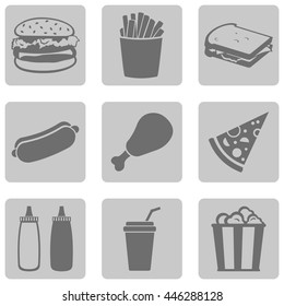 Vector Set of Fast Food Icons.  Junk Food. Hamburger, French Fries, Sandwich, Hot Dog, Chicken, Sauces, Beverage,  Popcorn.