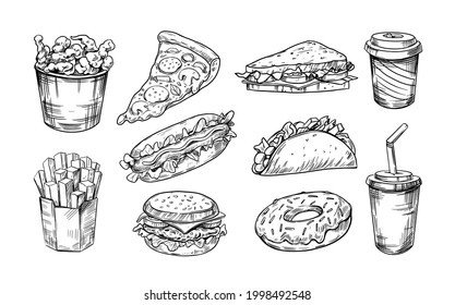 Vector set of fast food. illustration in sketch style. Hand drawn design elements.