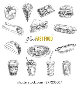 Vector set of fast food. Vector illustration in sketch style. Hand drawn design elements.