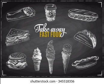 Vector set of fast food. Vector illustration in sketch style. Hand drawn design elements. Chalkboard.