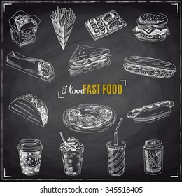 Vector set of fast food. Vector illustration in sketch style. Hand drawn design elements. Chalkboard