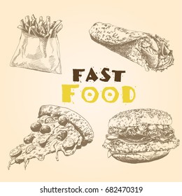 Vector set of fast food. Vector illustration in sketch style. Hand drawn design elements.