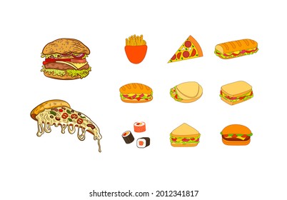 Ensemble d'images vectorielles d'Illustrations Fast-Food Isolées sur Fond Blanc, Ensemble d'Icônes, Sandwichs, Burgers, tranche de pizza avec Fromage Fondu.