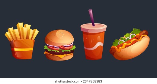 Conjunto vectorial de ilustraciones de comida rápida. Hamburguesa de dibujos animados, perrito caliente, cola y papas fritas 