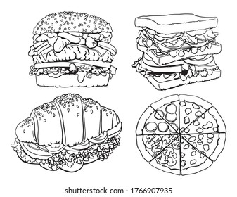 Vector set of fast food isolated, burger,pizza and croissant for coloring and printing