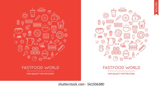 Vector Set of Fast Food Modern Flat Thin Icons Inscribed in Round Shape