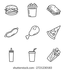 Vector Conjunto de iconos de contorno de comida rápida. Comida chatarra.