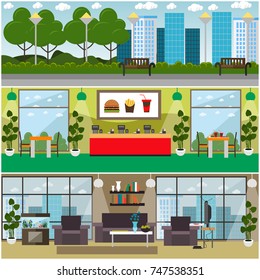 Vector set of fast food posters, banners with quick service restaurant or cafe interior, home interior, city park street. Flat style design.