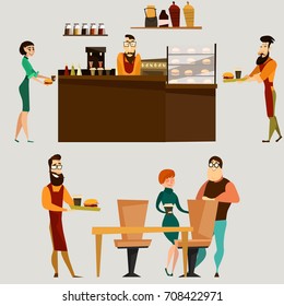 Vector set of fast food restaurant elements. Burger bar counter with barista, food and drink, waiter, visitors flat style design symbols, icons.