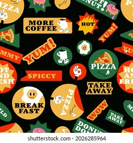 Vector set of fast food stickers. Colorful patch badges for junk food cafe, Seamless pattern