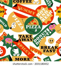 Vector set of fast food stickers. Colorful patch badges for junk food cafe, Seamless pattern