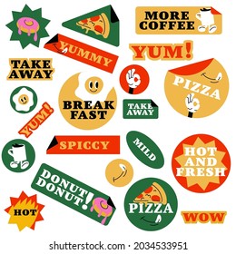 Vector set of fast food stickers. Colorful patch badges for junk food cafe