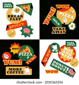 Vector set of fast food stickers. Colorful patch badges for junk food cafe.