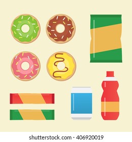 Vector set of fast food and sweet donuts 