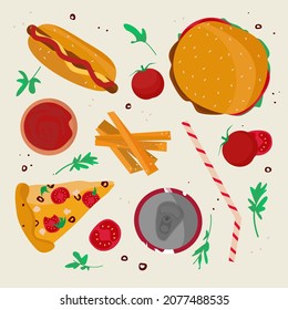 Vektor Set von Fastfood.Pizza, Hamburger, Hot Dog, Cola, Sauce mit Pommes frites, Tomaten, Gewürzen und ein Getränk-Tube auf hellem Hintergrund.