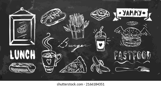Vector set of fastfood and cafe menu with frame, ribbon, drinks and hand written words on blackboard. Chalkboard style, Doodle by chalk. Cafe and shop decoration isolated elements.