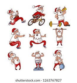 Vector set of fat Santa Claus in different actions. Old bearded man engage sports. Physical activity. Cartoon character