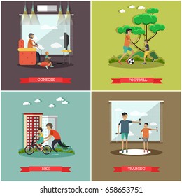 Vector set of father concept square posters. Console, Football, Bike and Training flat style design elements.