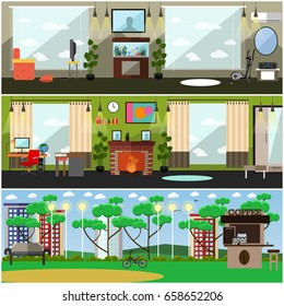 Vector set of father interior posters, banners. Nursery, living room and park interior. Places where parents live, play games, take rest with their sons and daughters flat style design elements.