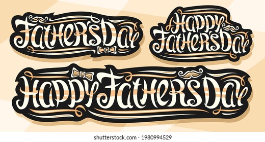 Conjunto de vectores para el Día del Padre, logos negros con tipo de letra caligráfica rizada, rizos decorativos y remolinos, corbata de arco de dibujos animados y bigote, letras únicas de pincel para palabras feliz día de los padres en fondo marrón