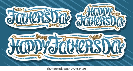 Vector ambientado para el Día del Padre, cortar logos de papel con tipografía caligráfica rizada y remolinos decorativos, corbata de arco marrón y bigote, letras únicas de pincel para palabras feliz día del padre en fondo azul.