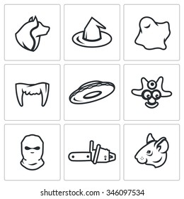 Vector Set of Fear Icons. Werewolf, Witch, Ghost, Vampire, UFO, Cannibal, Criminal, Maniac, Rat. Wolf, Cap, Ghost, Tusks, Flying Saucer, Savage, Balaklava, Chainsaw, Mouse.