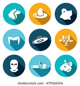 Vector Set of Fear Icons. Werewolf, Witch, Ghost, Vampire, UFO, Cannibal, Criminal, Maniac, Rat.