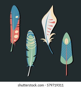 Vector set of feathers. Elegant tender design for card, website, wrapping, background. Ethnic elements of nature