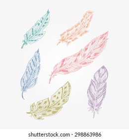 Vector Set of feathers. Hand Drawn Doodles illustration