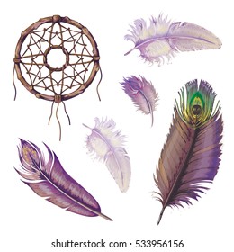 Vector set of feathers in a realistic style, arranged with elements of Native American symbols. Objects isolated on white background. Dream-catcher, weaving, amulet as guardian