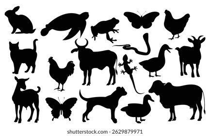 A vector set features black silhouette illustrations of farm animals, wild mammals, and nature icons.