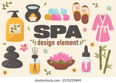 Vector set features a collection of essential objects commonly found in spa settings, for design, illustration, sticker, print, banner, 