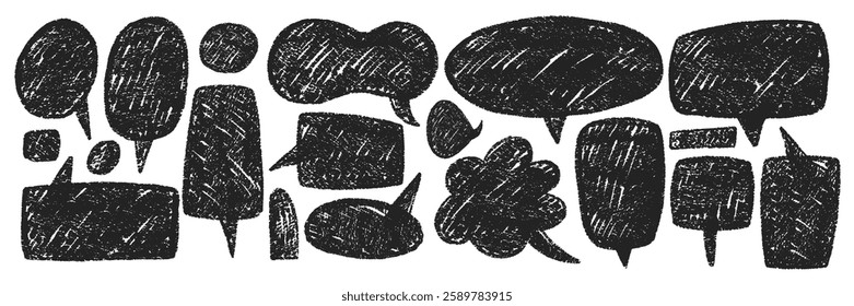 Vector set features hand-drawn speech bubbles, using pencil and crayon textures. Text boxes is a pastel doodle for conversations.